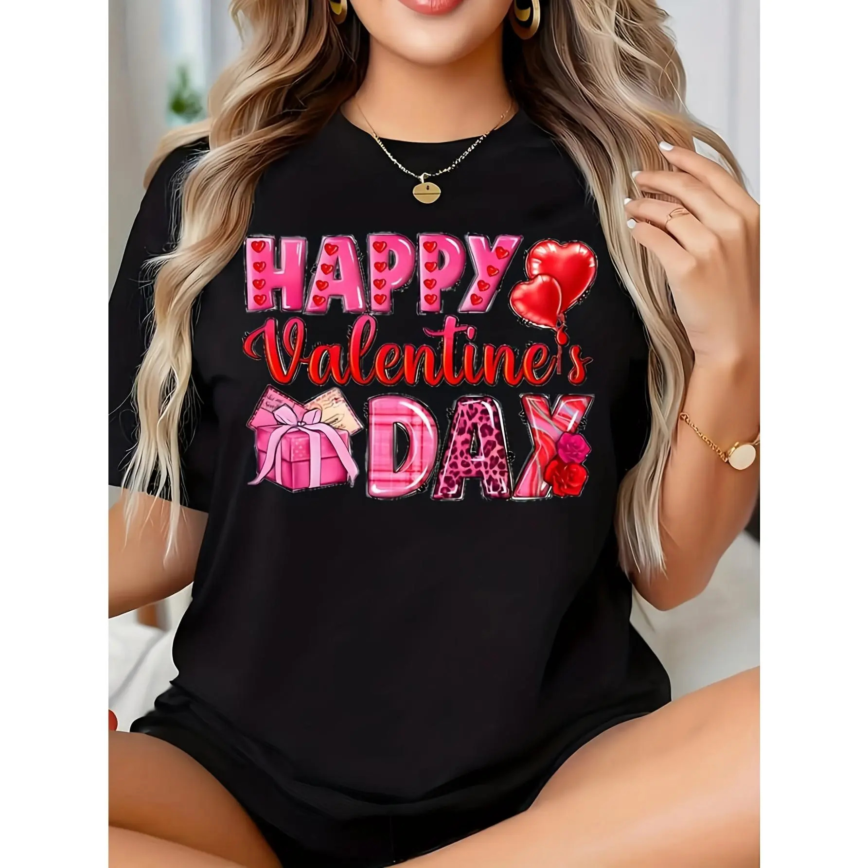 Women'S Happy Valentine'S Day T-Shirt - with Pink Hearts & Happy Valentine'S Text - Soft Breathable Crew Neck Tee - Lightweight Everyday & Valentine'S Party Outfit - Machine Washable Romantic Gift Apparel