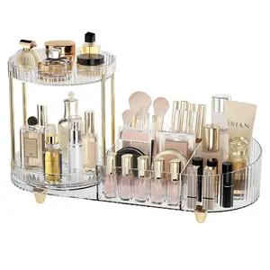 Makeup Organizer Countertop for Vanity, Rotating Skincare Organizers and Storage, 2-in-1 Cosmetic Organizer Display Case with Makeup Holder Perfume Tray for Desk Counter Bathroom Dresser Boxes