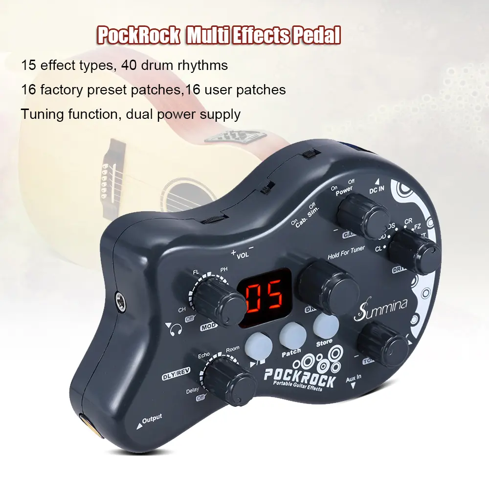 PockRock Portable Guitar Multi-Effects Processor Pedal, 15 Effect Types, 40 Drum Rhythms, Tuning Function, 1 Power Adapter, 1/4" Mono Jack, 13x8.5x3cm, 130g, 2 AAA Batteries, Guitar Effect, Plastic Body, Portable Pedal