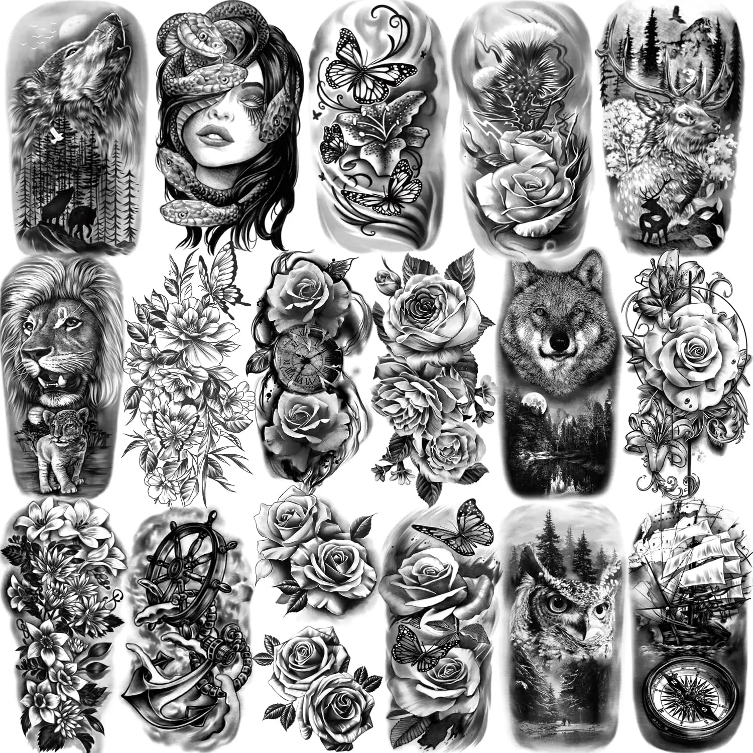 Realistic Fake Temporary Tattoos Set for Men & Women, 77 Sheets - 17 Large Half Arm-Chest-Shoulder Designs, 60 Tiny Black Designs, Nontoxic, Sweat-Resistant, Waterproof, Long-Lasting for All Skin Types, Festival Style, Fake Tattoos