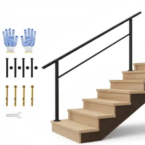 GAOMON Outdoor Handrail for Steps, 6 Step Stair Handrail & Indoor Stair Railing Kit, Black Aluminum Railing with Iron Poles for Outdoor Indoor Steps & Porch, Includes Gloves (1 Pack)