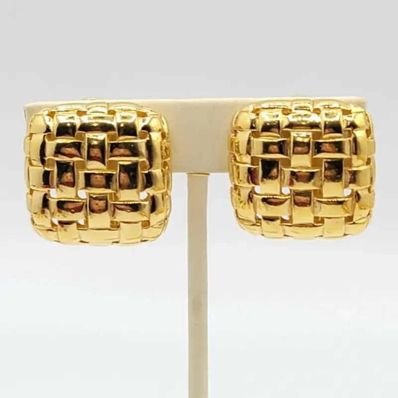 Ciner Vintage Gold-Tone Weaved Dome Squares Clip-on Earrings from the 1980's Modernist Jewelry Collection