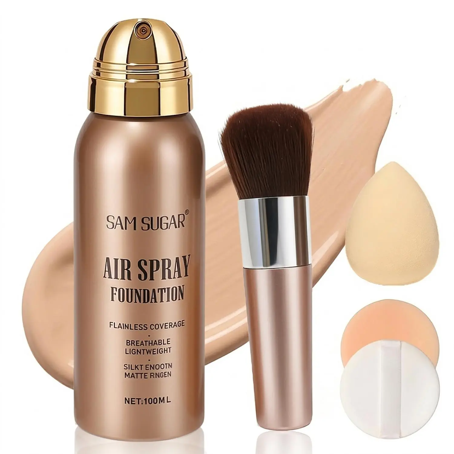 SAM SUGAR Airbrush Spray Foundation - Airbrush, 24H Long-Lasting, Flawless Matte Finish, Brightening, Concealing, Easy Application, Skin-Friendly Formula, Blendable, Full Coverage, Daily Use, for Mature & All Skin Types, 100ml, Cosmetic, Makeup