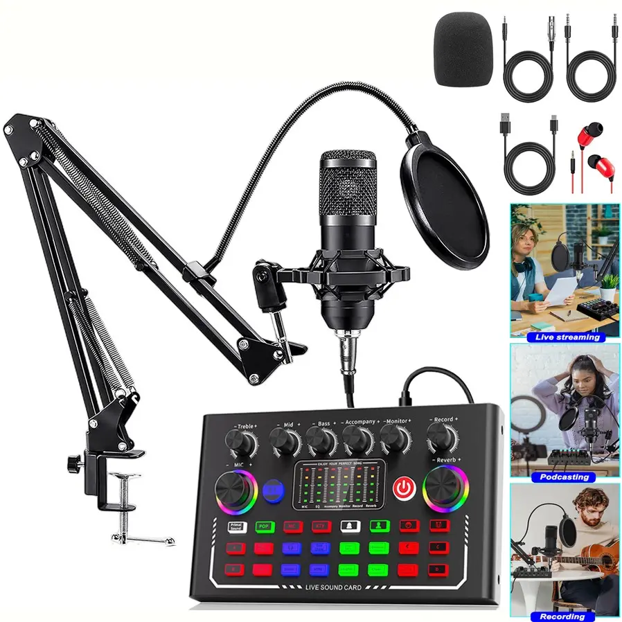 F009 external sound card with BM800 mic set, Live sound cards, equipped with 16 DSP sound effects and 4 voice changers, Bluetooth and OTG plug and play and noise reduction functions, used for live streaming games, karaoke recording on PC/smartphone TikTok