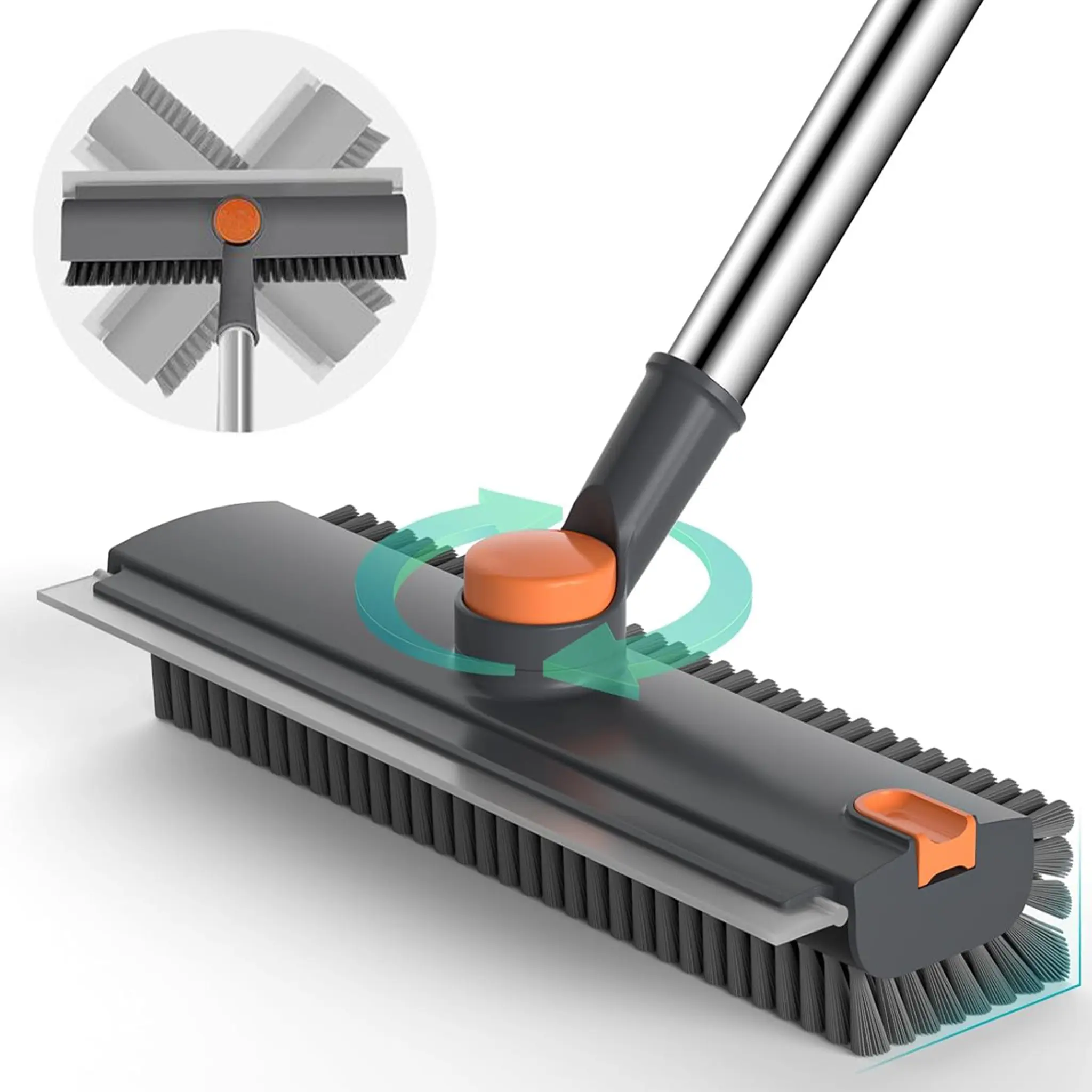 3-in-1 Double-Sided Extendable Floor & Bathtub Scrub Brush with Long Handle, Sturdy Heavy-Duty Stiff Bristles & Squeegee Broom - Daily Household Cleaning Tool for Wood Surfaces