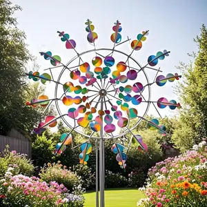 Outdoor Garden Decor Metal Iron Art Windmill, 36.6x12.2 Inch Crafted Hallow Rotating Geometric Bell, Floor Mounted Yard Ornament, Outdoor Wind Chimes, Garden Accessories