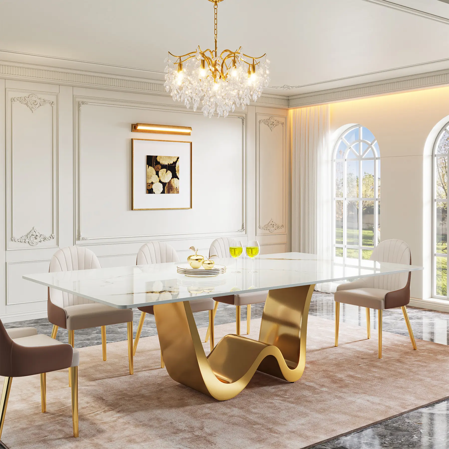 Tribesigns 78.74" Sintered Stone Dining Table for 6-8, Luxury Modern Rectangle Dining Table with W-Shaped Stainless Steel Base