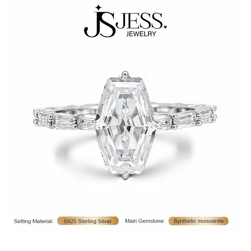 【Glim-H】Total7.2CT Main Stone 4Carat 8*12mm Hexagon DE Color VVS1 Full Moissanite Engagement Ring, S925 Sterling Silver Wedding Band for Women