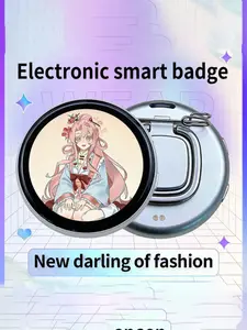 Mrsvi Anime Pixel Screen Smart Electronic Badge Pin, Emblem Badge Decoration, Backpack Digital Button Display, Photo and Name Tag, Innovative Accessory, Round