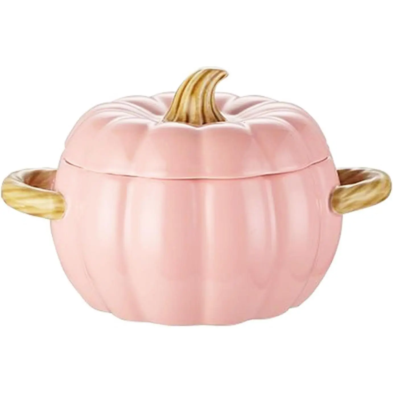 Sturdy Glossy Pink Porcelain Pumpkin-Shaped Dutch Oven with Lid - Mini Ceramic Cookware for Baking, Dessert Prep, Storage Organization in Kitchen Bakeware