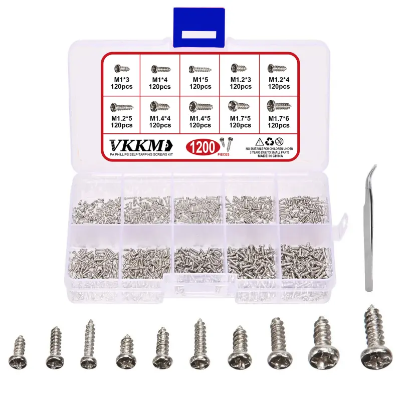 VKKM 1200Pcs M1 M1.2 M1.4 M1.7 Phillips Pan Head Self Tapping Screws Assortment Kit, Nickel Plated Small Micro Wood Screws with Storage Box for Electronics, Plastic & Wood Fastening