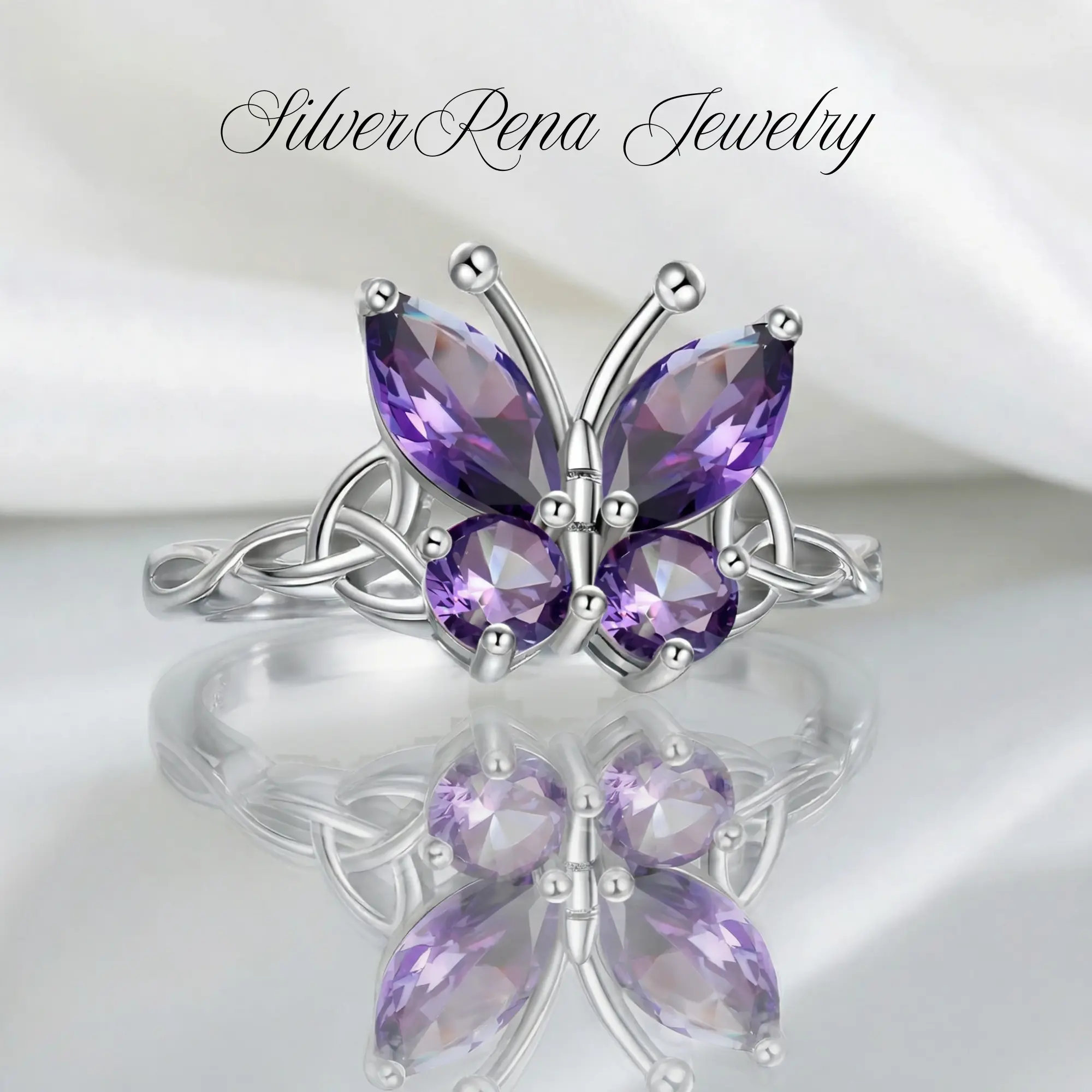 S925 Sterling Silver Celtic Knot Butterfly Jewelry Ring, Irregular Cut Purple Zirconia, Sizes 6-10, Women’s Gift for Birthday Party & Daily Wear, Happy Birthday, Girl, Female
