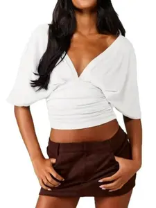 2026 Women's Fashion Sexy Solid V-Neck Fit Top, Womenswear Blouse, Batwing Sleeve Ruched Waist Short Sleeve, Stylish, Trendy and Casual Ladies' Clothing