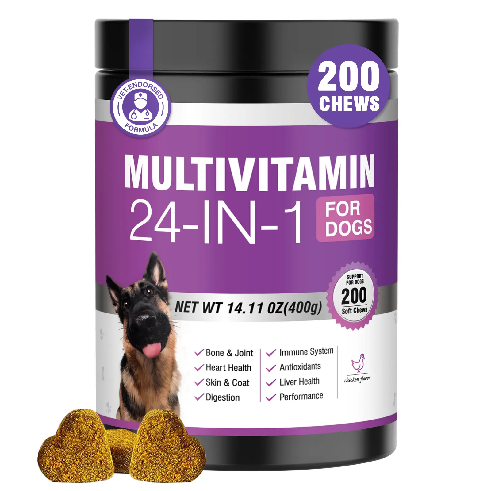 24-1 Dog Vitamins and Supplements 200Ct Dogs Multivitamin Chewable Contain Chondroitin Probiotics Omega-3 Glucosamine for Dogs Skin Coat Heart Joint Cut Liver Brain Eyes Immune Support-Chicken