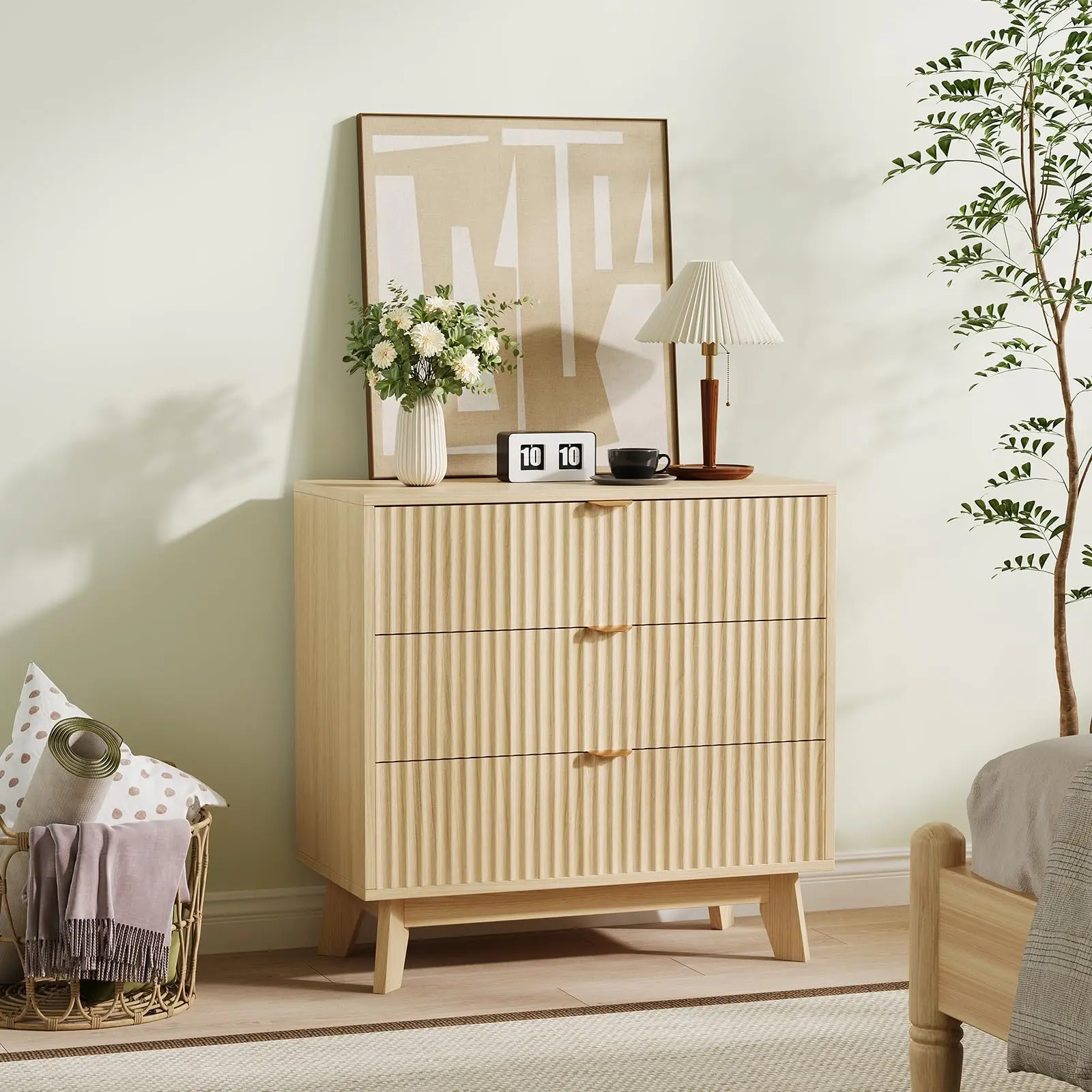 Garvee Modern and spacious wooden dresser with 3 drawers, featuring a curved profile design and natural oak finish, perfect for organizing bedrooms, living rooms, and hallways