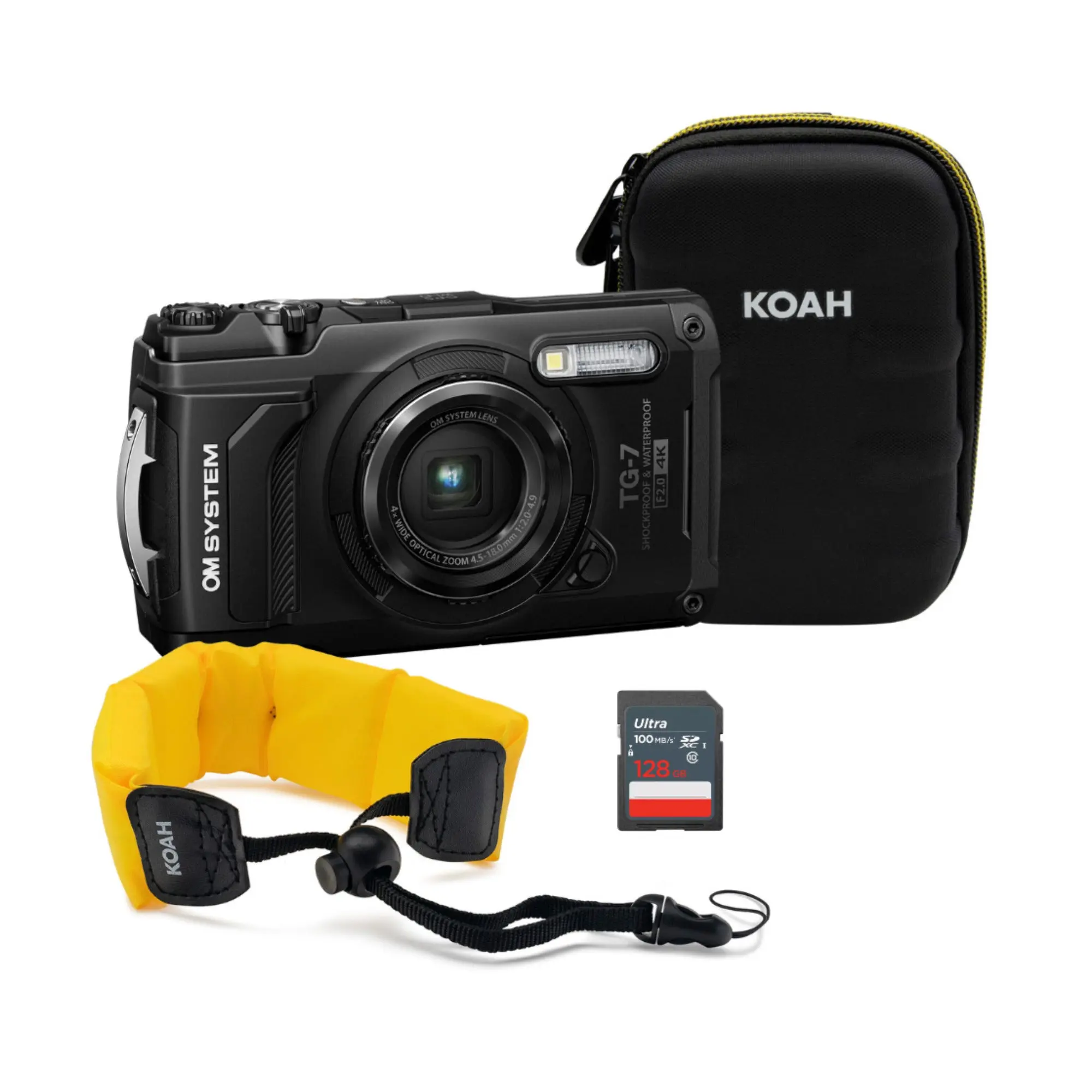 OM SYSTEM Tough TG-7 Portable Waterproof Rechargeable Point & Shoot Digital Camera (Black) Bundle with 128GB Card, Adjustable Floating Strap, Protective Case & Lens