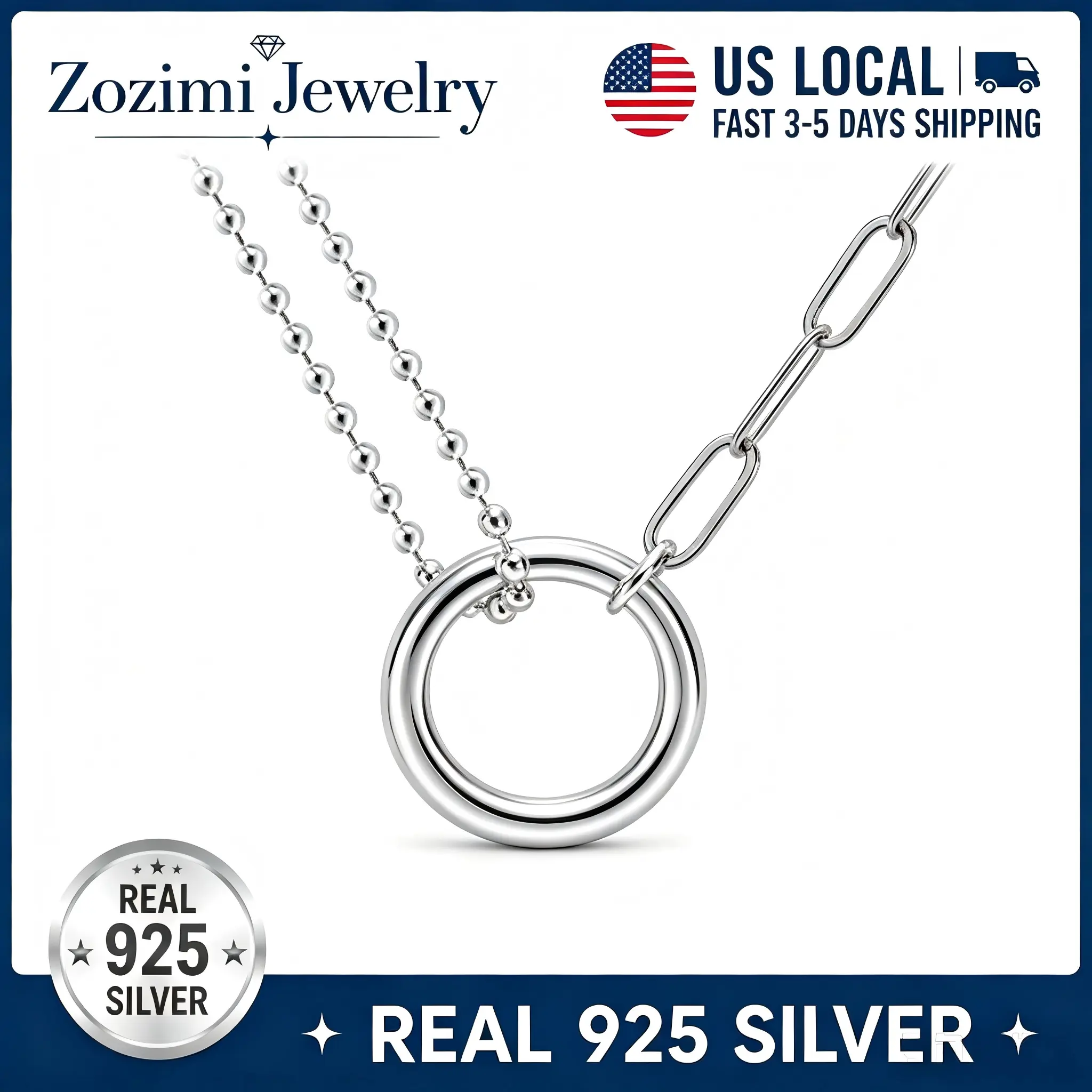 S925 Sterling Silver Asymmetric Mixed Chain Circle Pendant Necklace Bead Paperclip Chain Minimalist Open Round Choker Layering Jewelry For Women
