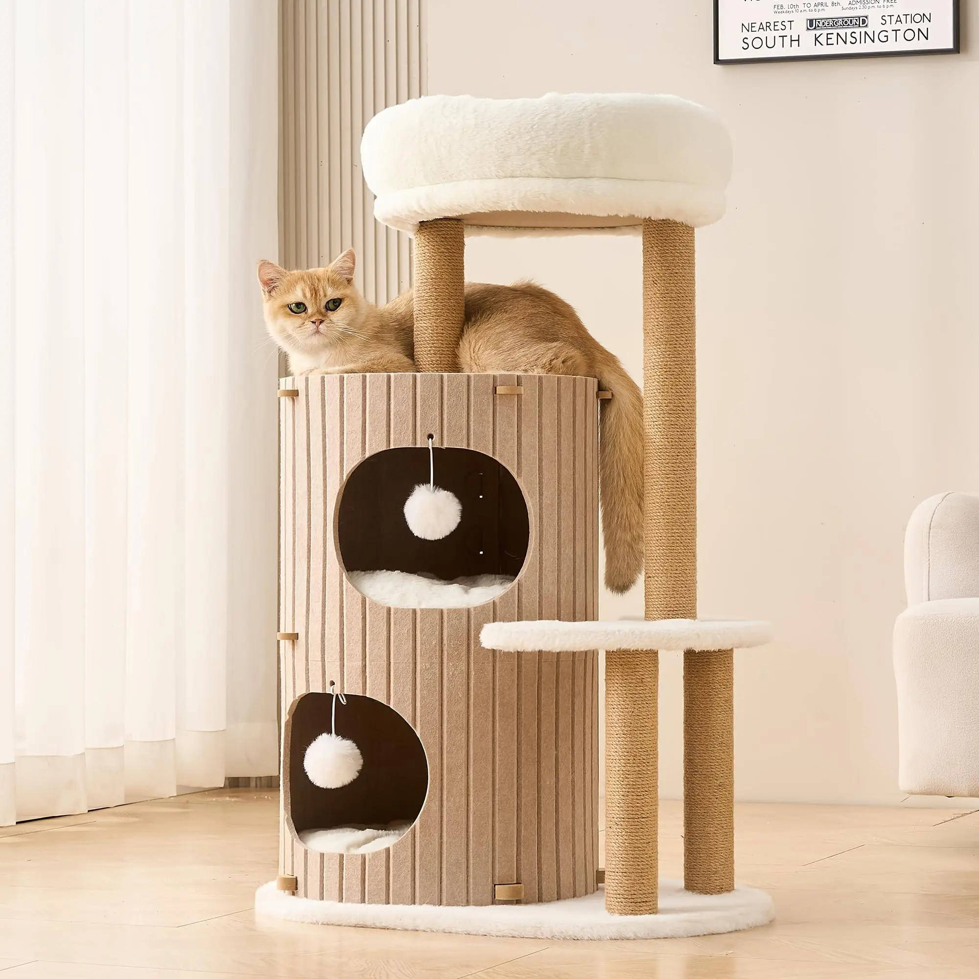 Cat Tree, Multifunctional Bucket-Shaped Cat Climbing Frame with 1 Soft Lookout Nest, 3 Scratching Posts, 2 Private Nests, 1 Moon-Shaped Jumping Platform. The Bottom Is Solid And Not Easy to Tip Over. It Is a Cat Climbing Frame with Good Privacy