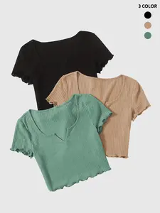Women's Solid Ribbed Tee, Casual Short Sleeve T-shirt for Summer, Ladies Clothes for Daily Wear