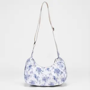Crescent Bag for Women Blue Floral Cute Shoulder Bag Aesthetic Hobo Bag Adjustable Strap Everyday Bag Cottagecore Toile de Jouy Chinoiserie Print Gift for Her Eco Friendly Recycled