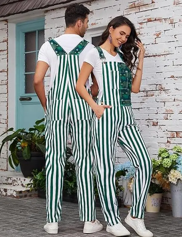 Yuanbang St. Patrick's Day Adjustable Denim Overalls - Men's Zip-Up, Thick Smooth Fabric, Flag-Themed Green White Stripes, Straps, Pockets Coveralls, Sleeveless