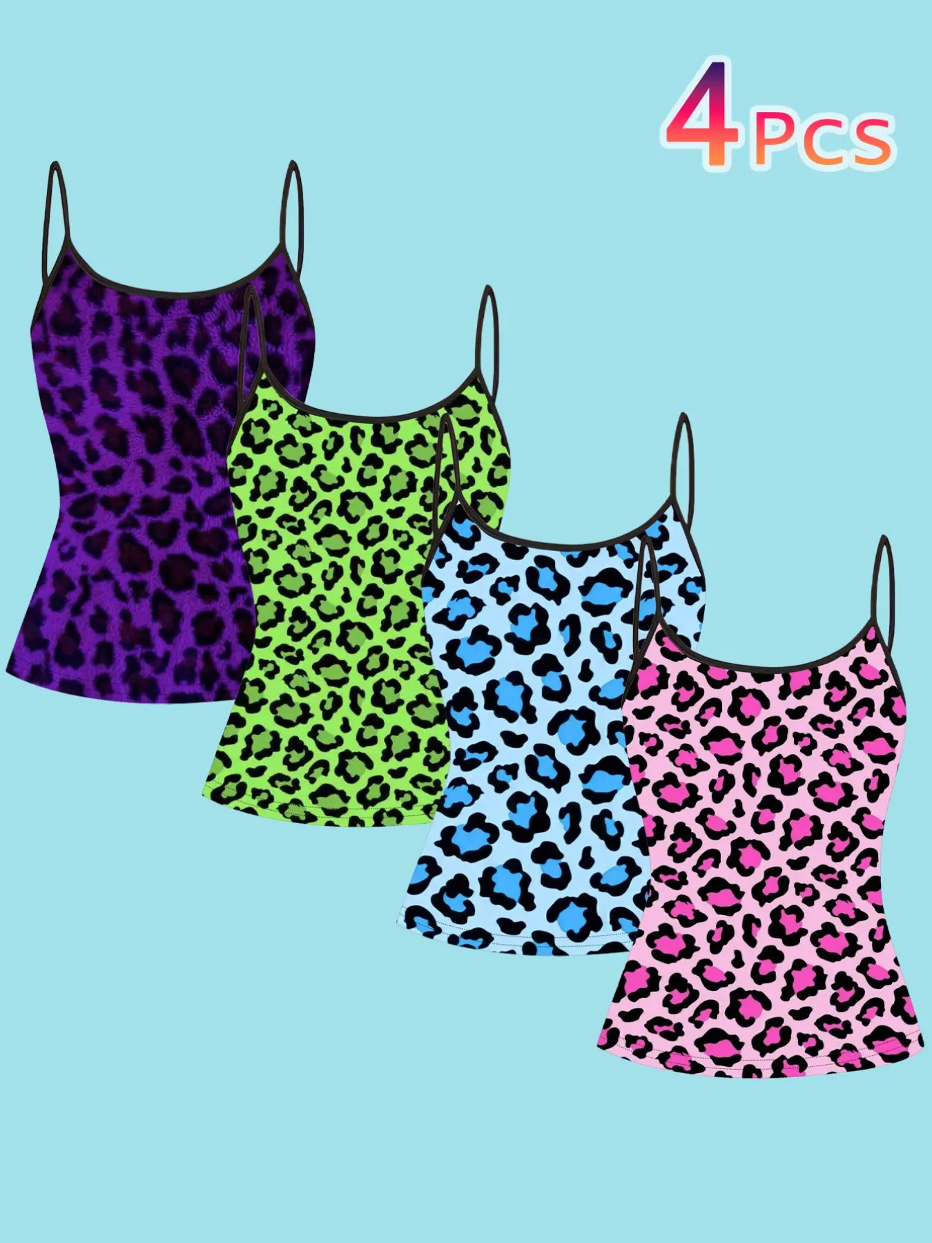 4-Piece Y2K Neon Leopard Print Strapless Top, Spaghetti Strap Camisole Tank Tops Summer Tops Trendy Casual Slim-Fit Sleeveless Summer Outerwear, European & American Style, Multicolor Fashion