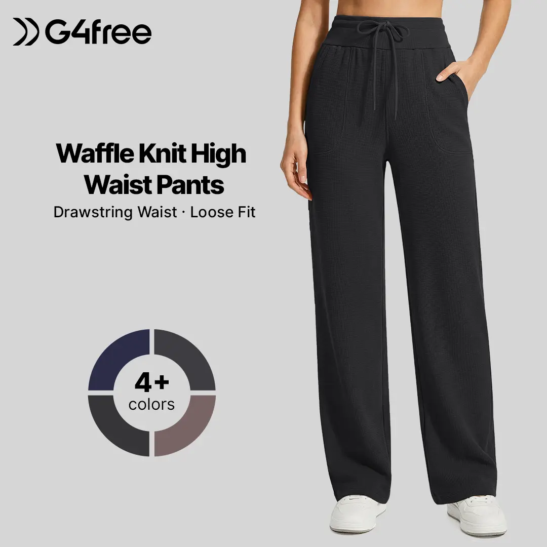 G4Free Women's Waffle Knit High-Waisted Wide Leg Bottoms - Comfy, Effortless, Loose Fit All Season Pants with Pockets, Bottom