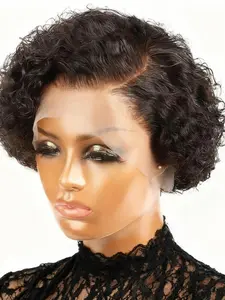13x4x1 Lace Wig Deep Wave, Pixie Cut Curly Human Hair Wigs for Women, Transparent Deep Wave Lace Wig, Preplucked Hairline