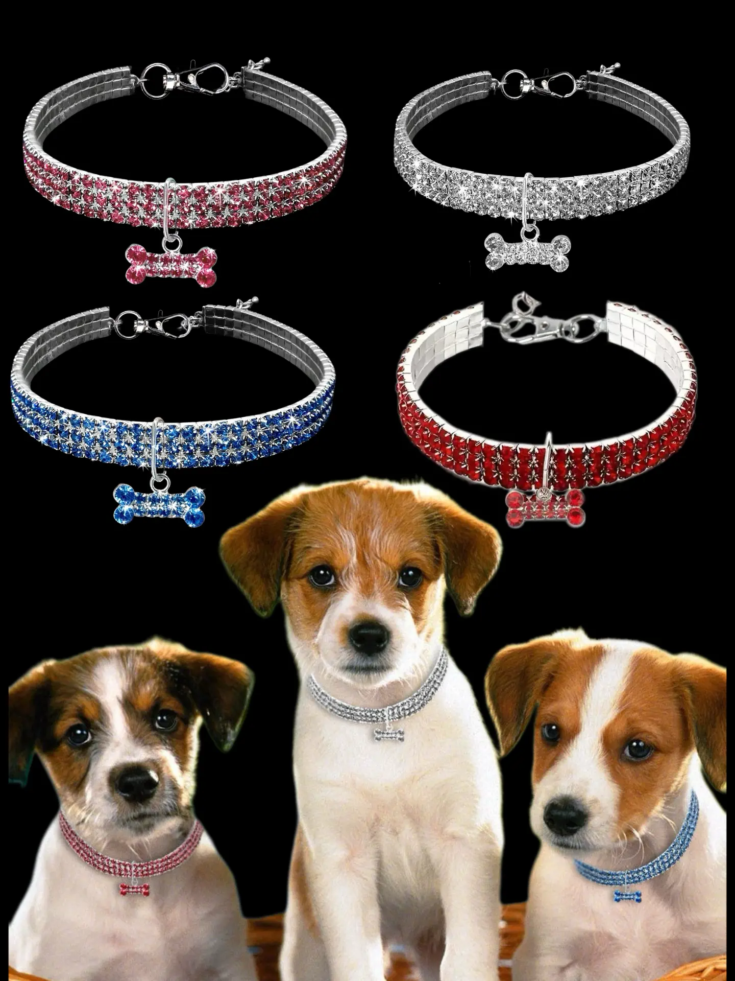 3 rows of rhinestone elastic necklace dog chain cat crystal collar pet supplies small dog jewelry, Pet dog rhinestone adjustable necklace