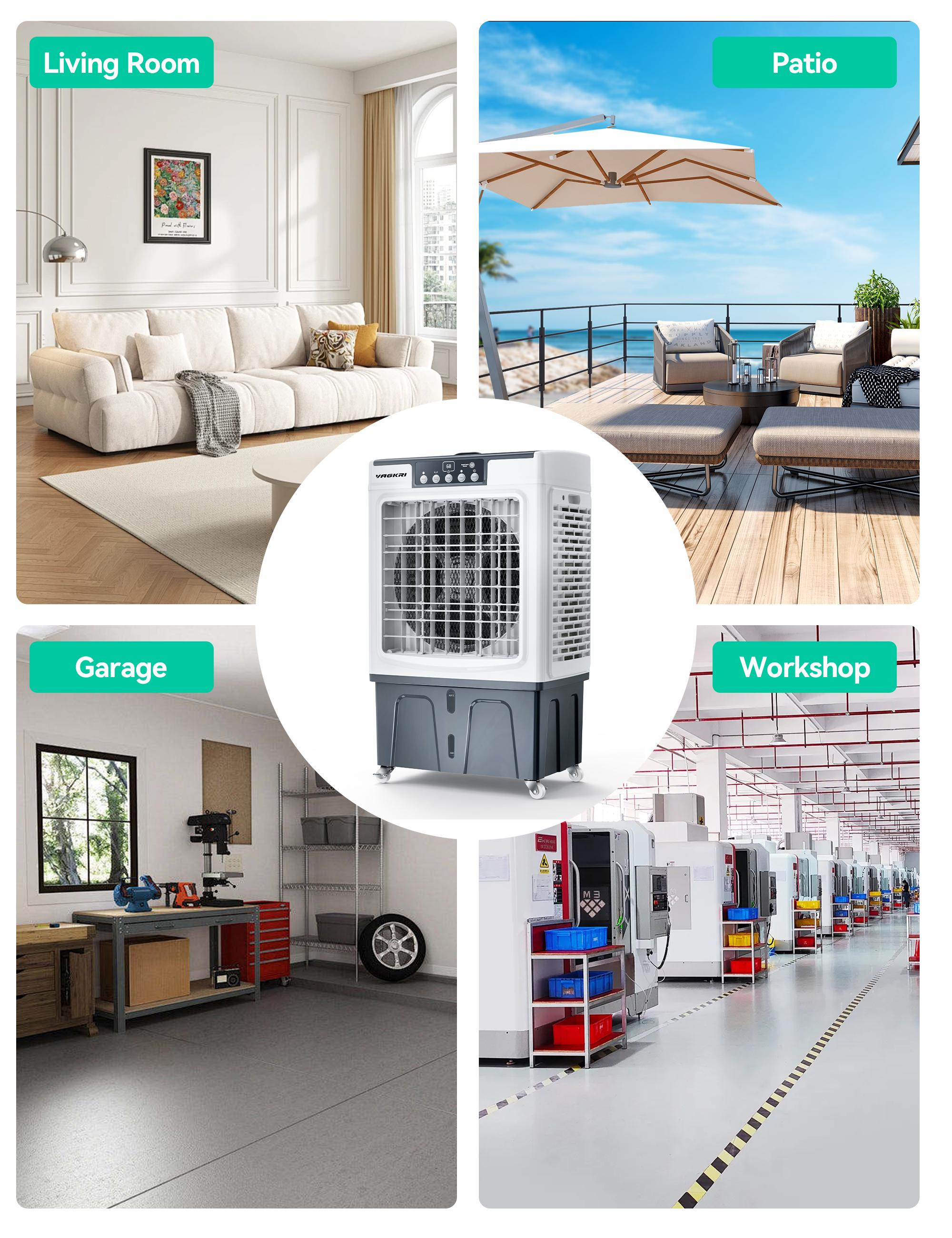 VAGKRI cooling-type household air conditioner, 12 Gal Tank, 3000 CFM, 3 modes, 3 fan speeds, 120° oscillation, 24-hour timer, fee remote control, household fan, floor fan, suitable for indoor and outdoor use.