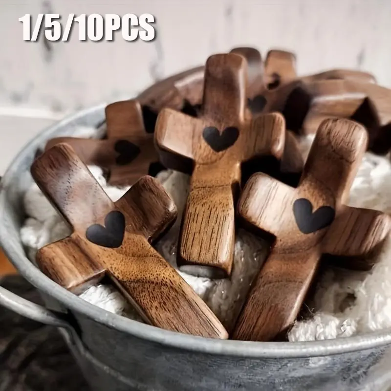 Heart-Shaped Wooden Cross Spiritual Pendant, Inspirational Gift, Small Portable Design, Ideal for Prayer & Religious Gifts, Unique Customizable Charm, Handheld Wooden Cross