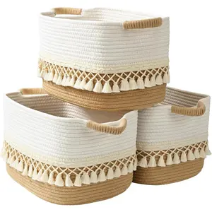 XY-SBB10 2 Pack Storage Basket for Shelves, Boho Cotton Rope Storage Bins with Heavy Tassel, Shelf Baskets Large Woven Baskets for Organizing, Cube Organizer Bins, Baby Laundry Basket for Clothes, Toys, Pets Gift Black & Jute