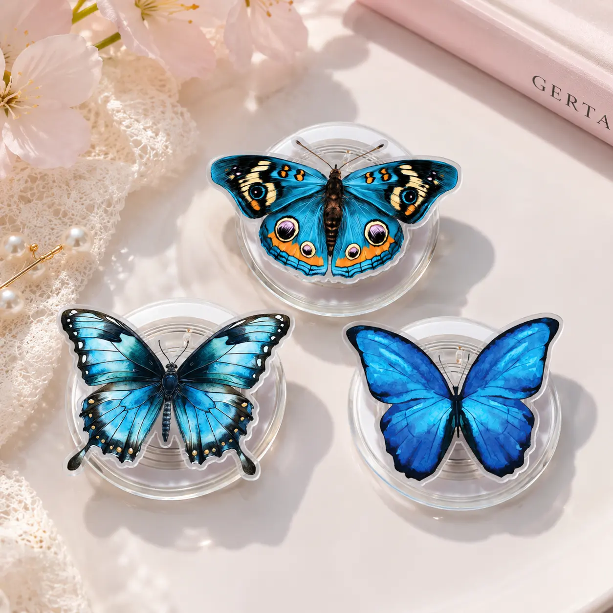 ATBG Blue Butterflies MagSafe Phone Grip, Cute Insect Magnetic Phone Holder, Aesthetic Blue Acrylic Pop Socket, Butterfly Phone Accessory, Gift for Her