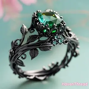Elegant Women's Black Retro Ring, Vine Leaf Creative Design Inlaid with Green Zircon, Ideal for Daily Wear, Gift Giving (Sports & Outdoor Fan Shop Gaming Accessory)