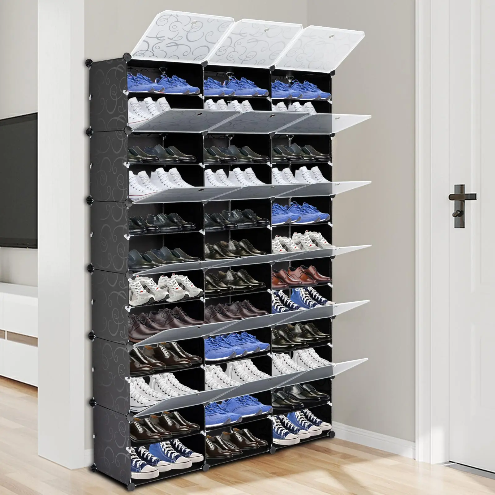 Black 12-Tier Adjustable Steel-PVC Shoe Rack Organizer - Durable Construction, 36 Grid Layout, 72-Pair Capacity, Portable Tower Shelf for Heels, Boots, Easy Installation, Plastic