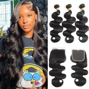 12A  Wave Human Hair  with Closure (20 22 24 +18,Free Part) Closure with 3  Brazilian Virgin Hair Extensions with Pre Plucked with  Hair 5X5  Lace Closure  Black Color