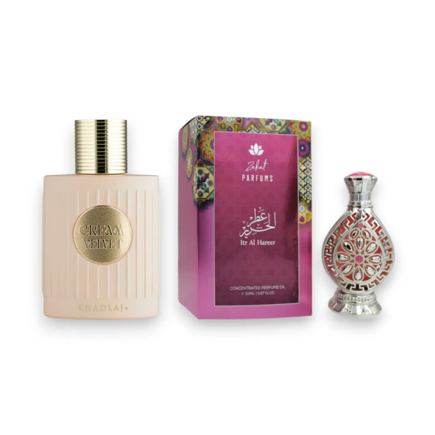 KHADLAJ Multi-Pack Unisex Fragrance Bundle - Cream Velvet Concentrated Perfume Oil (20 ML) + Al Hareer Pure Oil (100 ML) with Caramel, Jasmine & Floral Fruity Vanilla Notes