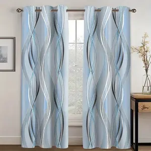 Two modern abstract geometric patterned curtains with perforated mounting, digitally printed, made of slightly thin polyester semi-transparent material, suitable for living rooms, kitchens, bedrooms, studies, hotels, dining rooms, and home decor