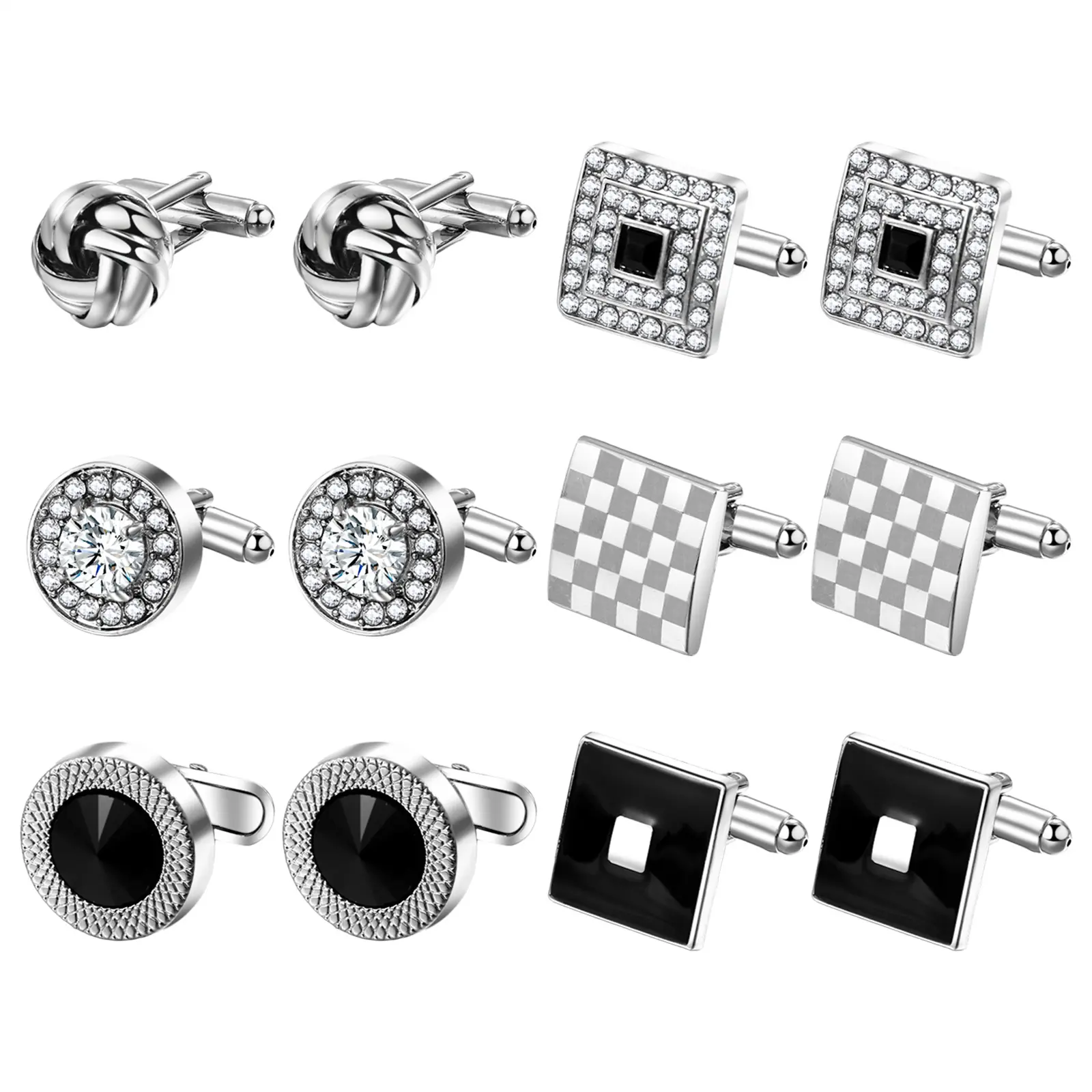 OIDEA Men's Geometric Cufflinks Set - 6-Pairs Pack Zinc Alloy with T-Bar Clasp, Elegant Square Rope-Twist & Round Gem Styles, Personalized Accessory for Business, Wedding, Anniversary, Male, Versatile