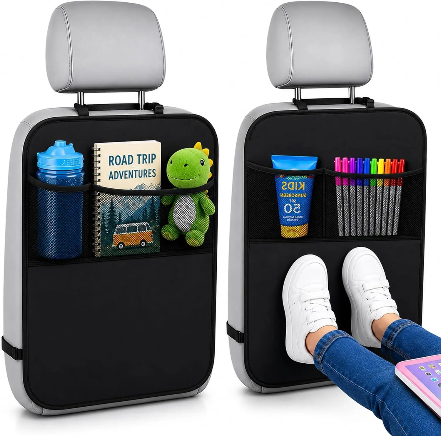 Car Kick Mats Back Seat Protector (2 Pack),Car Seat Protector & Backseat Organizer with Storage Pockets for Kids,Waterproof Back Seat Cover for Dirt,Mud & Scratch Protection Travel Accessories