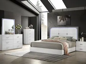 FM72000WH-4PC 4 pc Stoholm White High Gloss Finish Wood LED Headboard Modern Queen Bedroom Set with Bling Rhinestone Trim & Chrome Handles