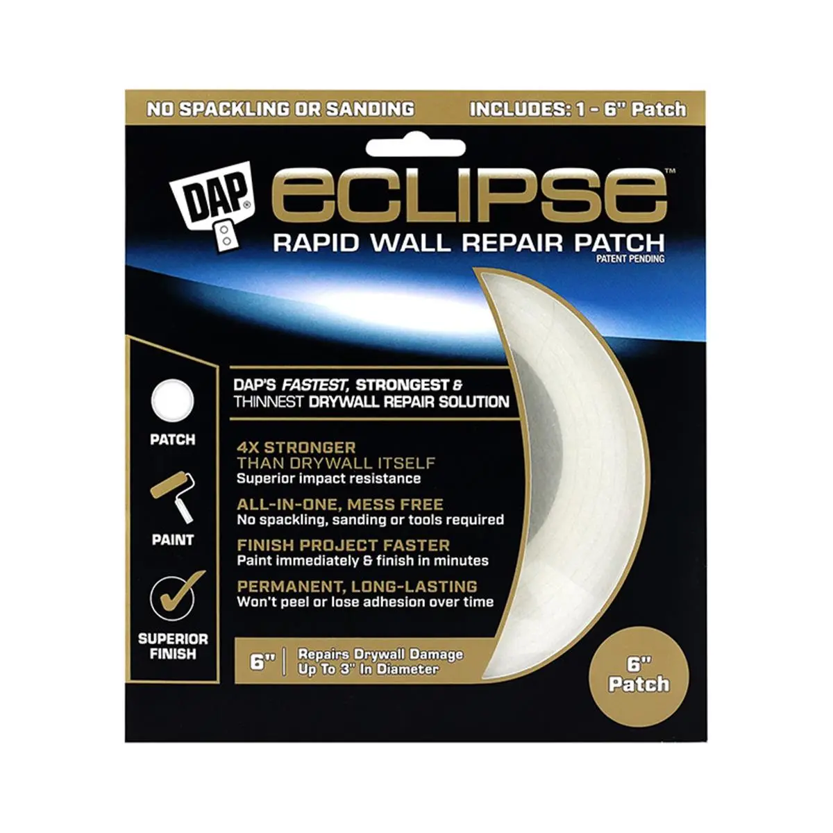 DAP Eclipse Rapid Drywall Repair Patch, 6 in. Self-Adhesive Patch with Super Strong Adhesion, 0.63 lbs, 4x Stronger Than Drywall, Permanent Bond, Finish Project Faster, Immediate Paint, Shrink Resistant, Mess Free for Home Improvement Building Supplies