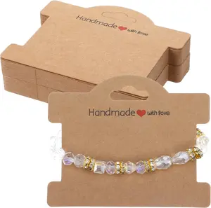 Piriuuo 50 Pcs Bracelet Display Cards, Jewelry Display Card Bracelet Packaging for Small Business Handmade with Love Jewelry Tags for Selling Hair Ties, Bracelet, Necklace, Earrings(Brown)