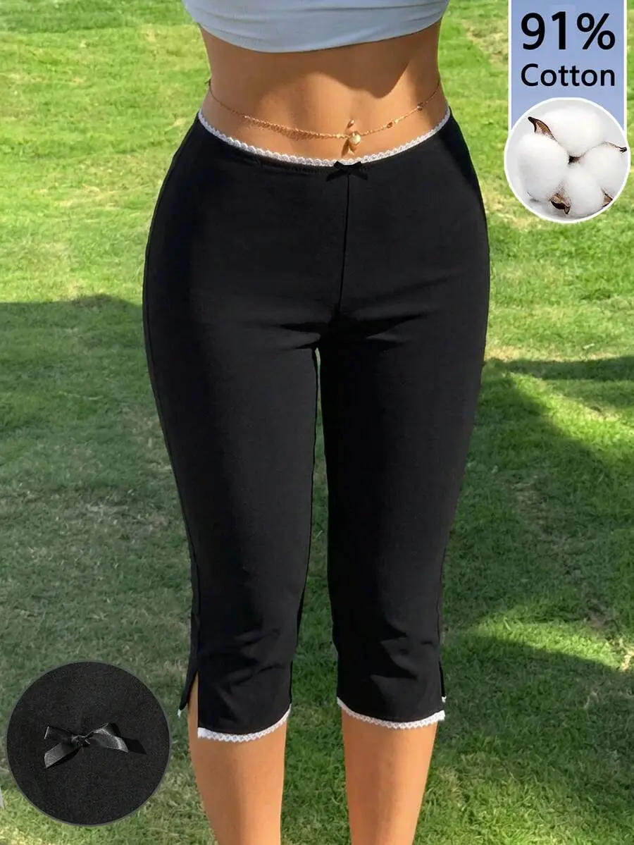 SLAYAURA Plus Size Women's Black Capri Leggings, Black , Summer, Smart Casual, Gym, Classic Elastic Knit Yoga Quarter