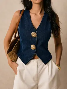 2026 New French Vintage Denim Vest for Women, Button Waist V Neck Sleeveless Top, Fashionable Outerwear for Casual Occasions