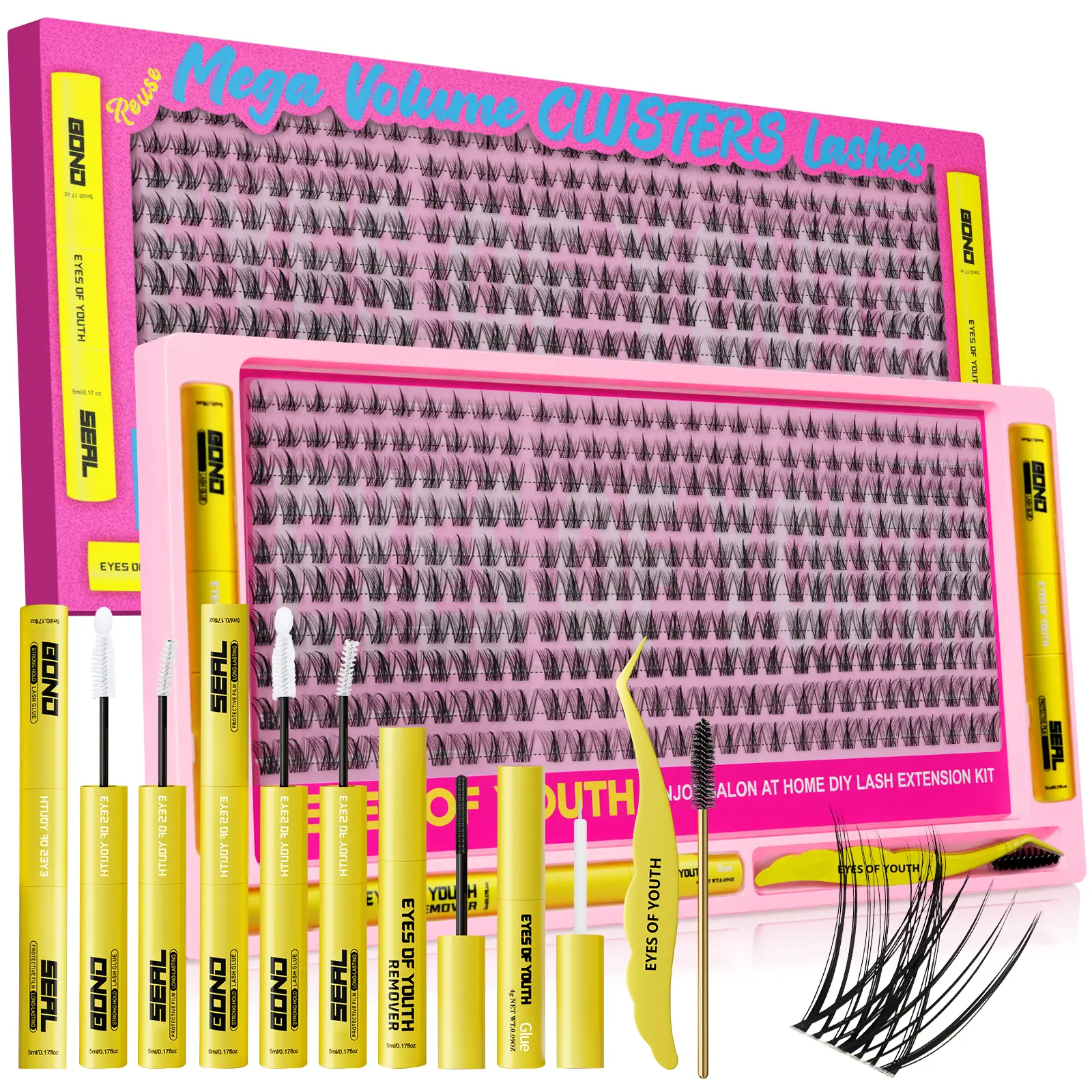 EYES OF YOUTH Spiky Lash Clusters  with Waterproof Lash Bond and Seal, Remover,Tweezers, Brush,Natural Lightweight Eyelash Extensions for 10-16mm, Daily Makeup,back to school
