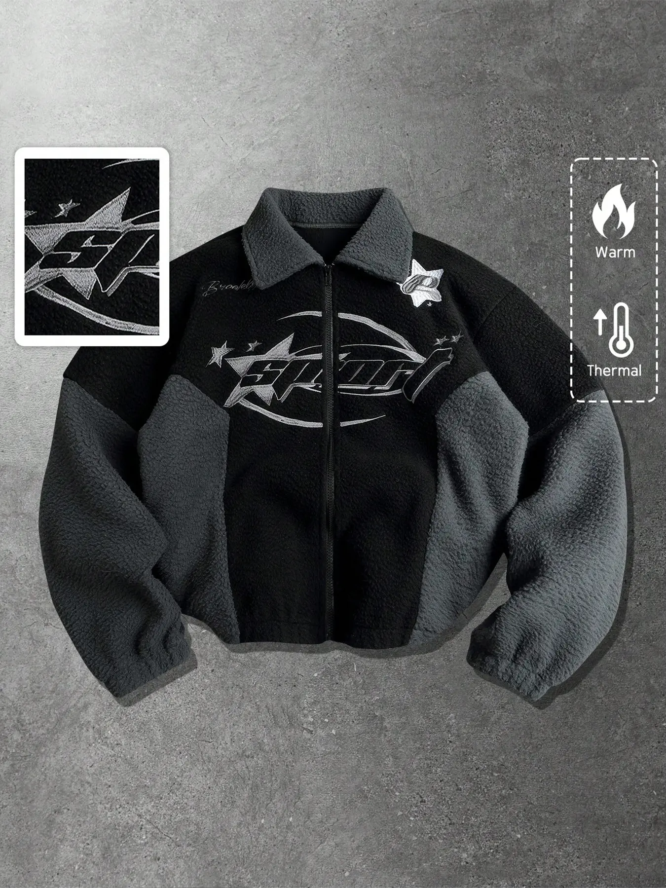 Y2K Cybercore Star Embroidery Sherpa Jacket | Oversized Black Grey Contrast Fleece Bomber | Aesthetic Streetwear Zip Up Fuzzy Coat for Men Women Winter Outfits