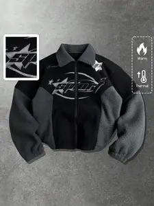 Y2K Cybercore Star Embroidery Sherpa | Oversized Black Grey Contrast Fleece Bomber | Aesthetic Streetwear Zip Up Zippered Jacket Fuzzy Coat Loose Fashion Jacket for Men Women Winter Outfits