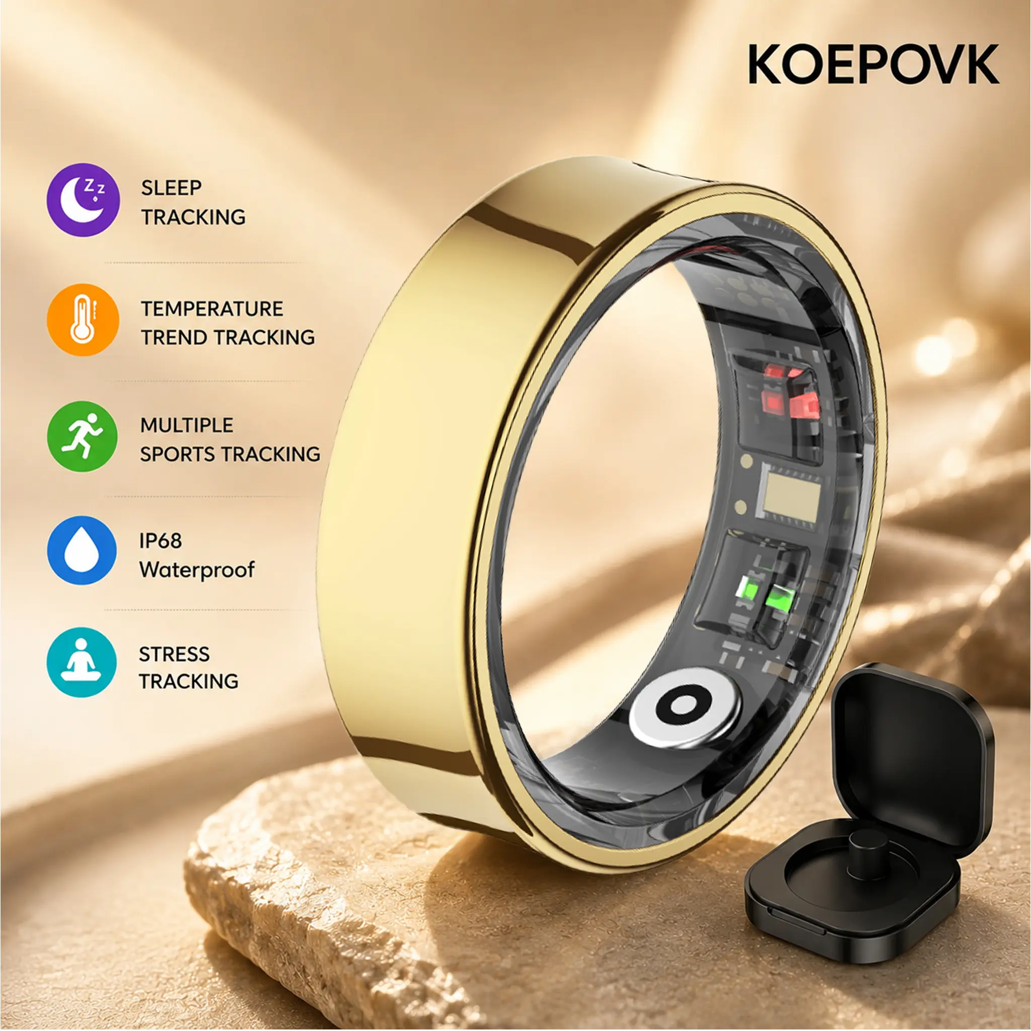 Titanium Smart Ring IP68 Fitness Tracker with Sleep Tracking, Activity Tracking, Stress Trends, Sport Modes, No Subscription Required, 3-5 Days Battery Life, iOS & Android Compatible