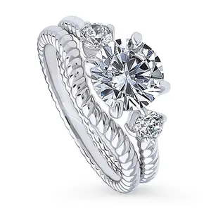 BERRICLE Sterling Silver 3-Stone Woven Engagement Rings Stackable Band for Women, 2 Carat Round Cut Cubic Zirconia CZ Ring Set